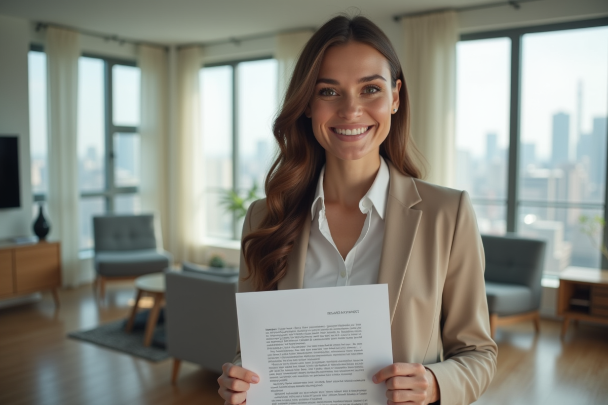 Jeune femme souriante tenant un contrat de location dans un appartement moderne