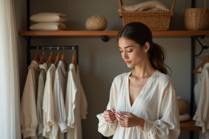 Jeune femme en robe en lin dans boutique éthique