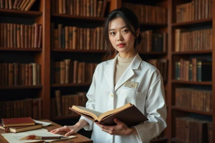 Jeune femme en blouse blanche dans une bibliothèque ancienne