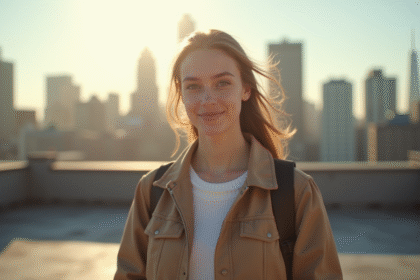 Jeune femme confiante sur un rooftop urbain ensoleille