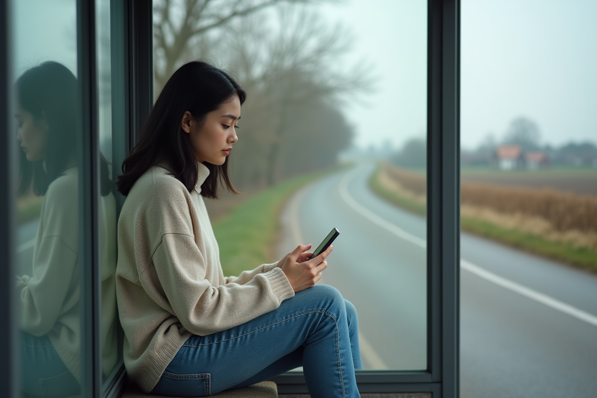Jeune femme dans abri de bus rurale avec smartphone