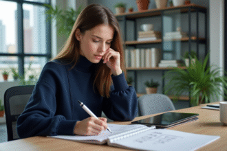 Jeune femme en bureau esquissant des wireframes
