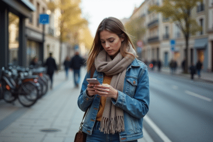 Jeune femme en ville regardant son smartphone