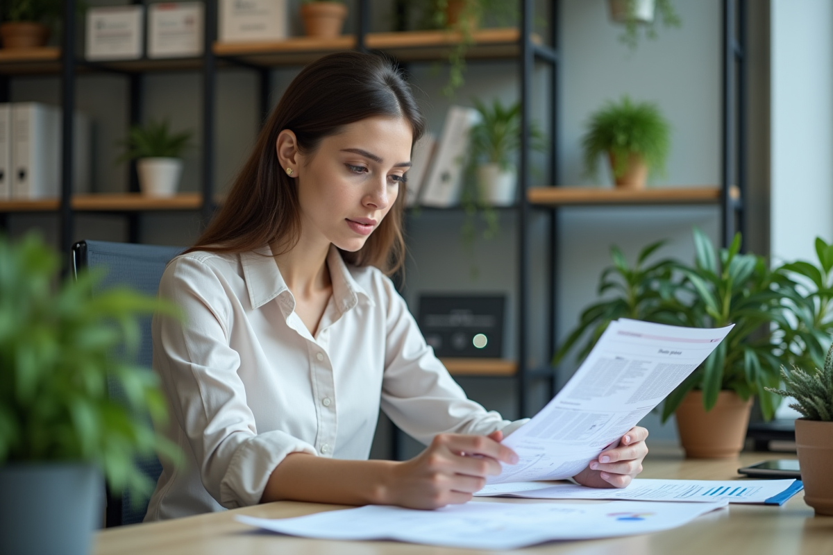 Jeune femme professionnelle en blouse examine documents techniques