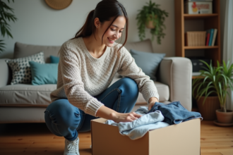 Jeune femme en denim vintage et sweater à la maison