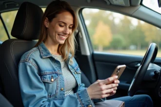 Jeune femme souriante dans une voiture avec smartphone
