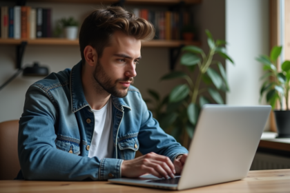Jeune homme concentré travaillant sur son ordinateur portable à domicile