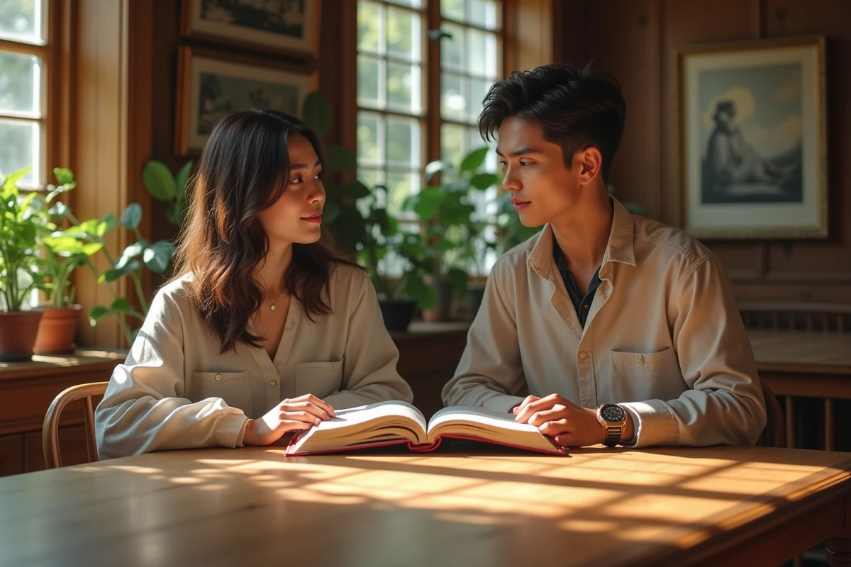 Jeune homme et femme lisant un manhwa dans un salon lumineux