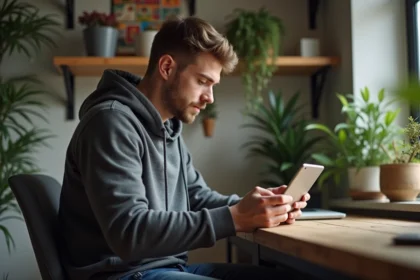 Jeune homme concentré jouant Clash of Clans sur tablette