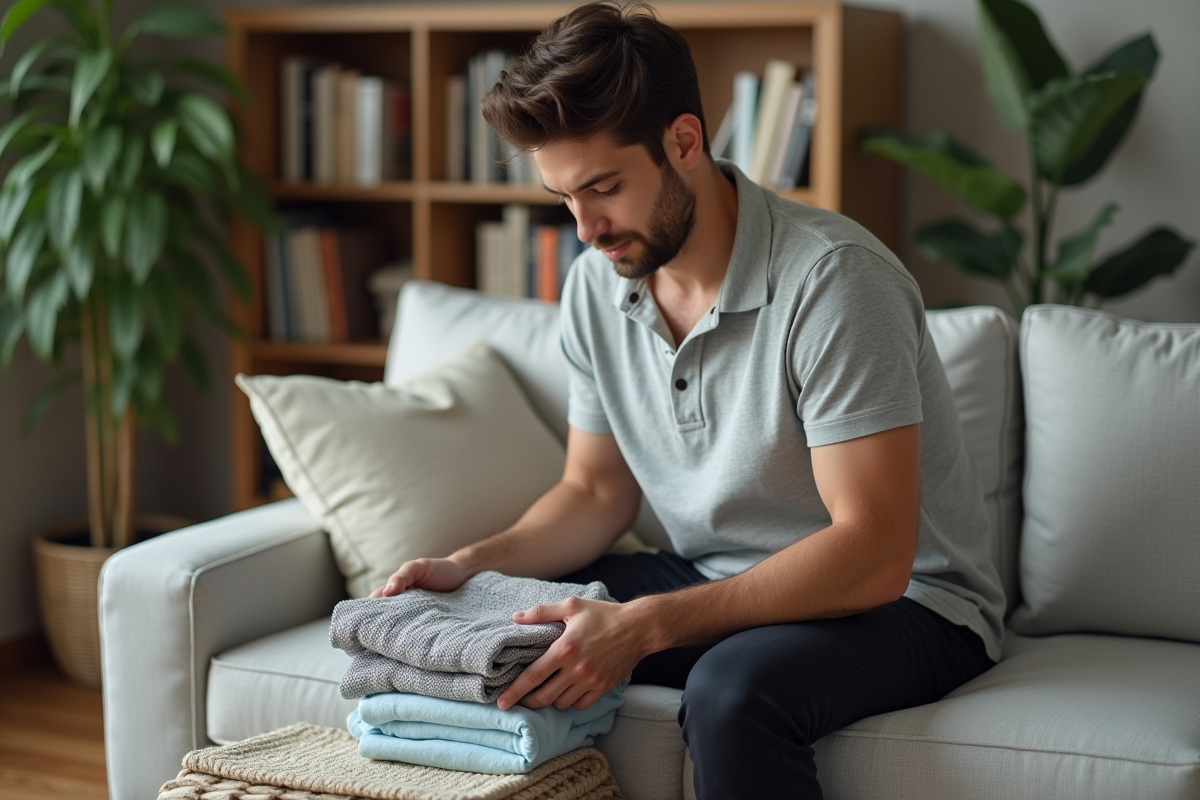 Jeune homme pliant du linge dans un salon accueillant