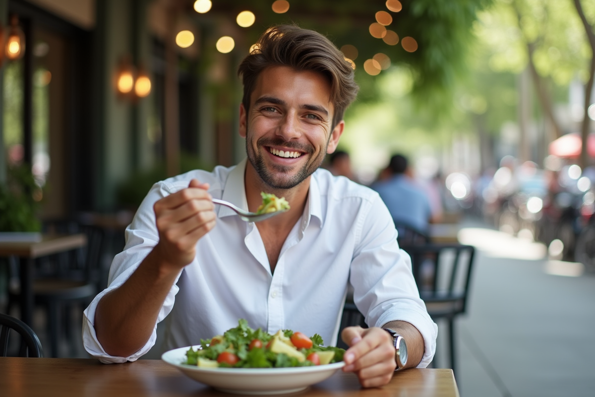 Jeune homme mangeant une salade en terrasse urbaine