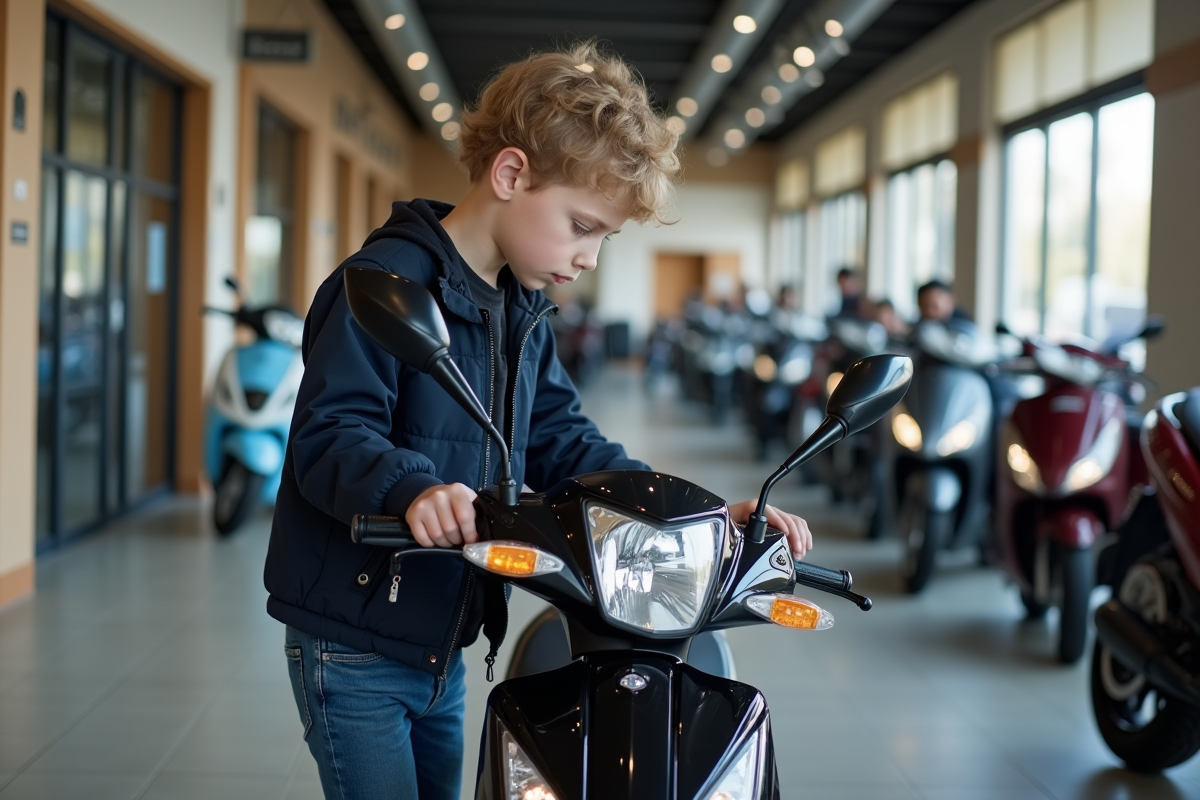 Jeune garçon inspectant une moto neuve en showroom