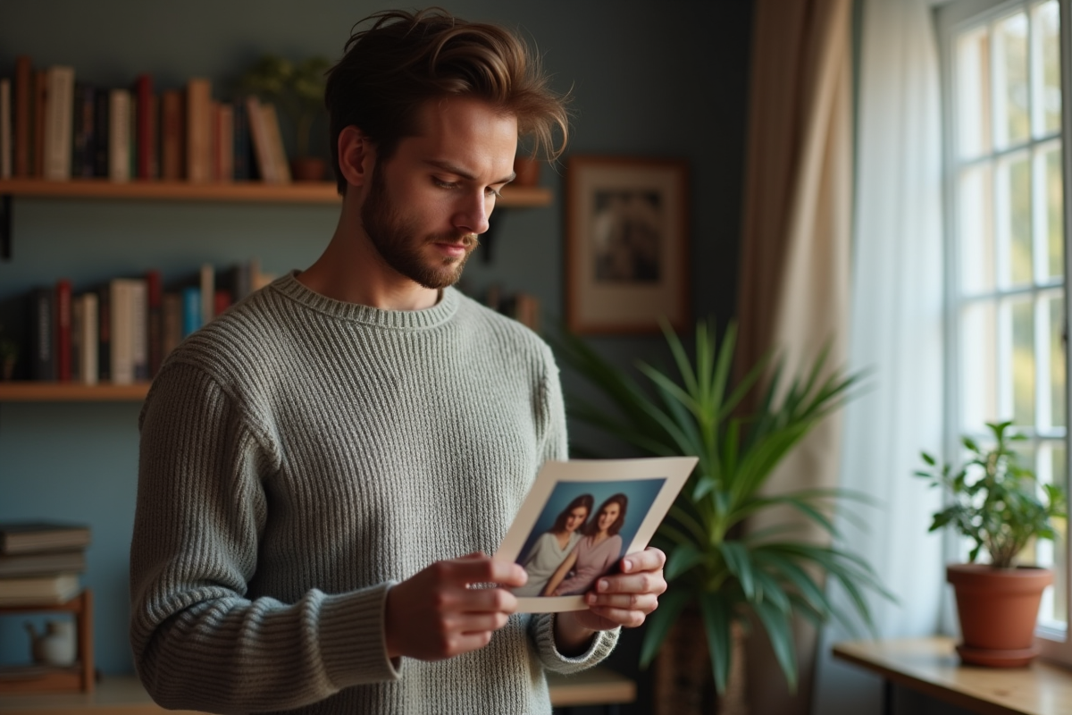 Jeune homme regardant une photo de famille dans un intérieur