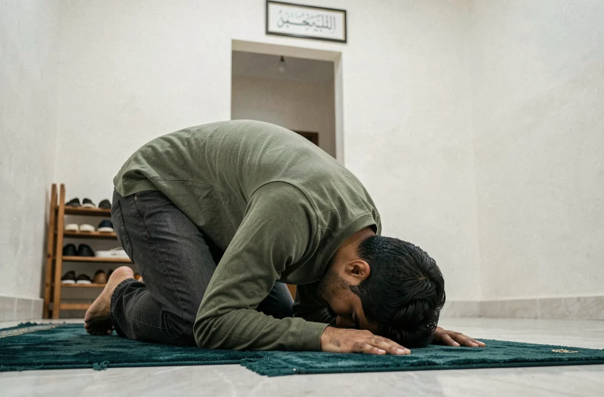Jeune homme en prosternation lors de la prière du witr dans une petite salle de mosquée, guide pratique pour nouveaux convertis