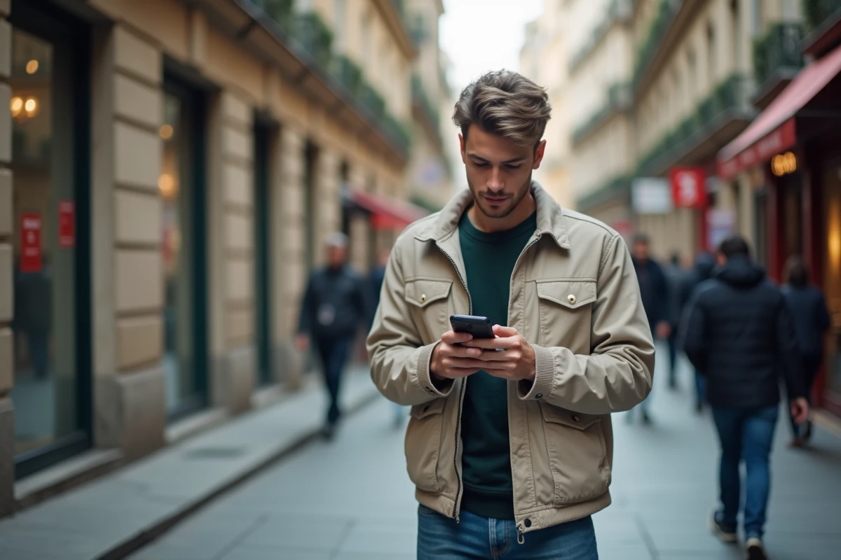 Jeune homme dans la ville regardant son téléphone avec appel +41