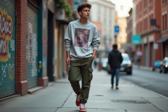 Jeune homme en streetwear moderne dans une ville urbaine