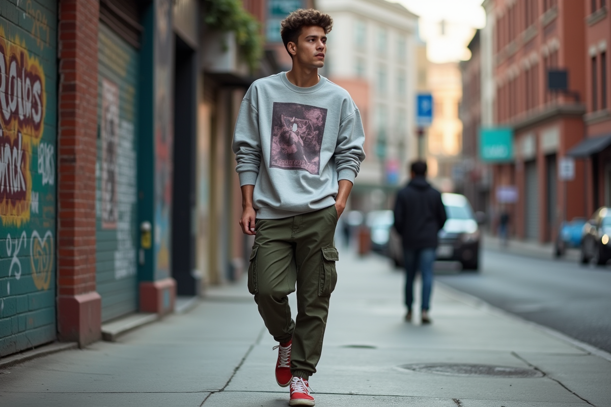 Jeune homme en streetwear moderne dans une ville urbaine