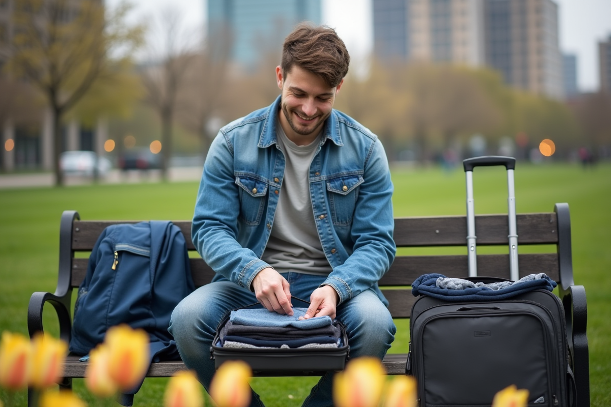 Jeune homme pliant ses vêtements dans une valise au parc