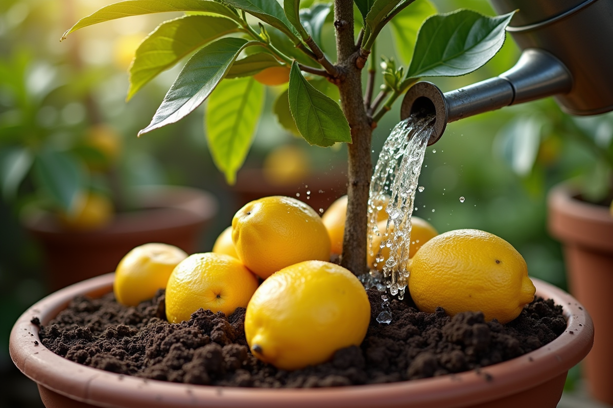 Gros plan sur un citronnier en pot avec arrosage et fruits