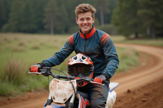 Jeune pilote motocross souriant avec sa moto en extérieur
