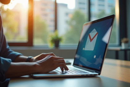 Jeune professionnel utilisant webmail sur un laptop dans un bureau lumineux