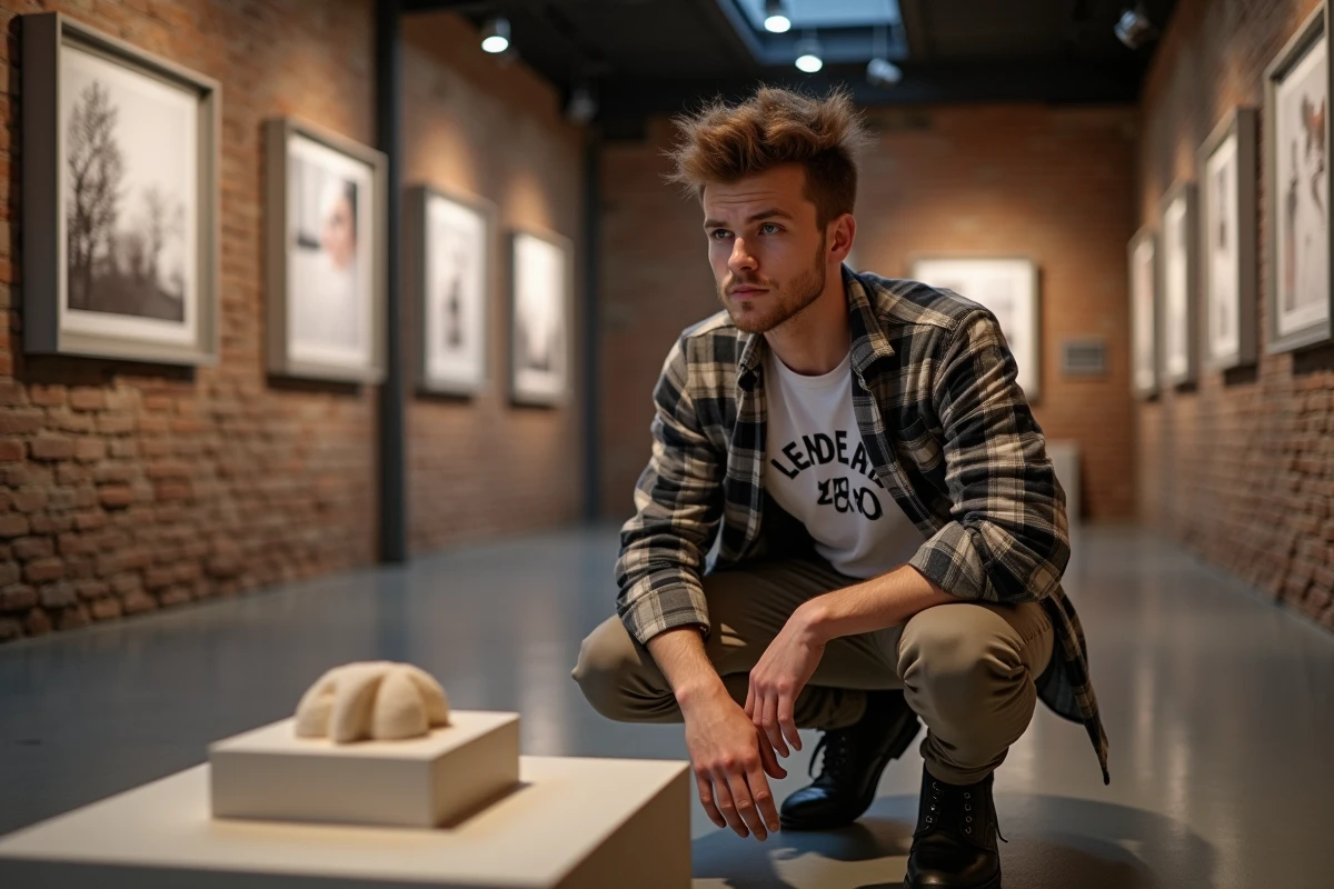 Jeune homme examinant une installation sculpturale lors d'une exposition design à Lyon
