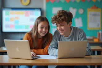 Adolescents collaborant sur un devoir dans une classe moderne