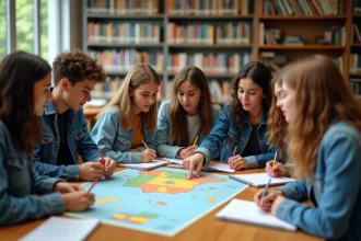Groupe de lycéens autour d'une carte de l'Espagne en bibliothèque