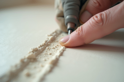 Gros plan sur des mains appliquant du ruban à joint sur du placo