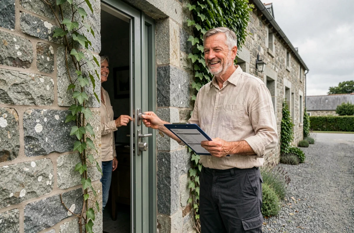 Serrurier Joseph-Eugène Franck remettant une serrure réparée à un client devant une maison en pierre bretonne