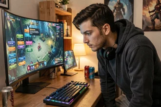 Joueur adulte concentré devant un écran de jeu MMORPG affichant des barres d'expérience et des succès de progression