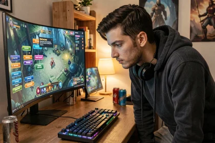 Joueur adulte concentré devant un écran de jeu MMORPG affichant des barres d'expérience et des succès de progression