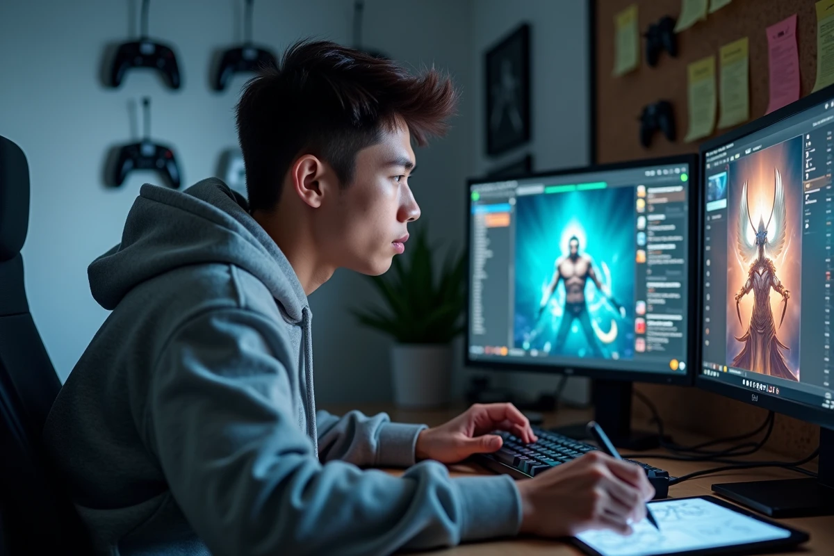 Joueur concentré devant un setup PC double écran avec interface de jeu MMORPG et composition d'équipe affichée