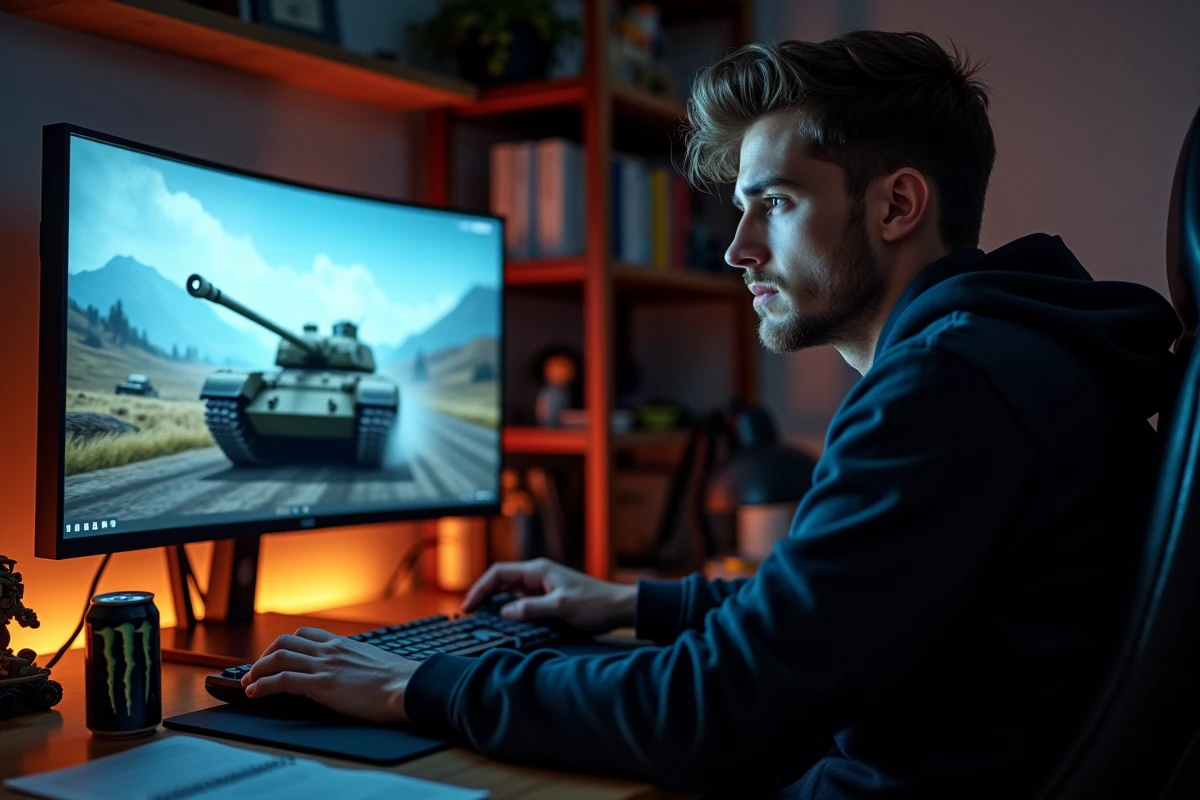 Joueur adulte concentré sur un simulateur de char Leclerc, bureau gaming avec écran widescreen et atmosphère réaliste