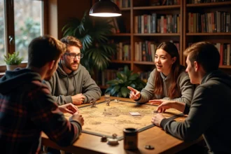 Groupe de joueurs réunis autour d'une table de jeu de rôle stratégique avec cartes et figurines fantasy pour une session en équipe