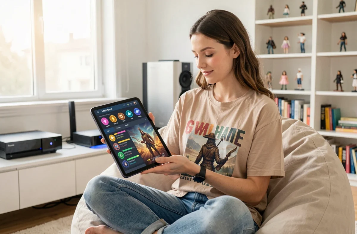 Joueuse consultant un tableau de bord de succès et de progression XP sur tablette dans un salon gaming