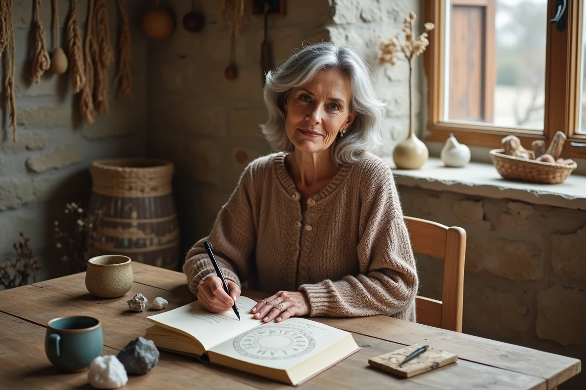 Femme écrivant dans un journal lunaire à une table en bois avec des cristaux et un calendrier lunaire, rituel de pleine lune à l'intérieur