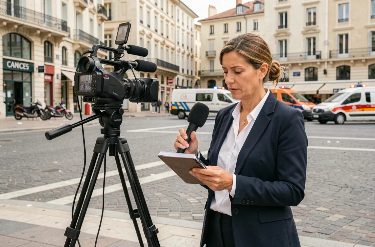 Journaliste en direct devant une caméra de télévision couvrant une alerte de sécurité à Cannes
