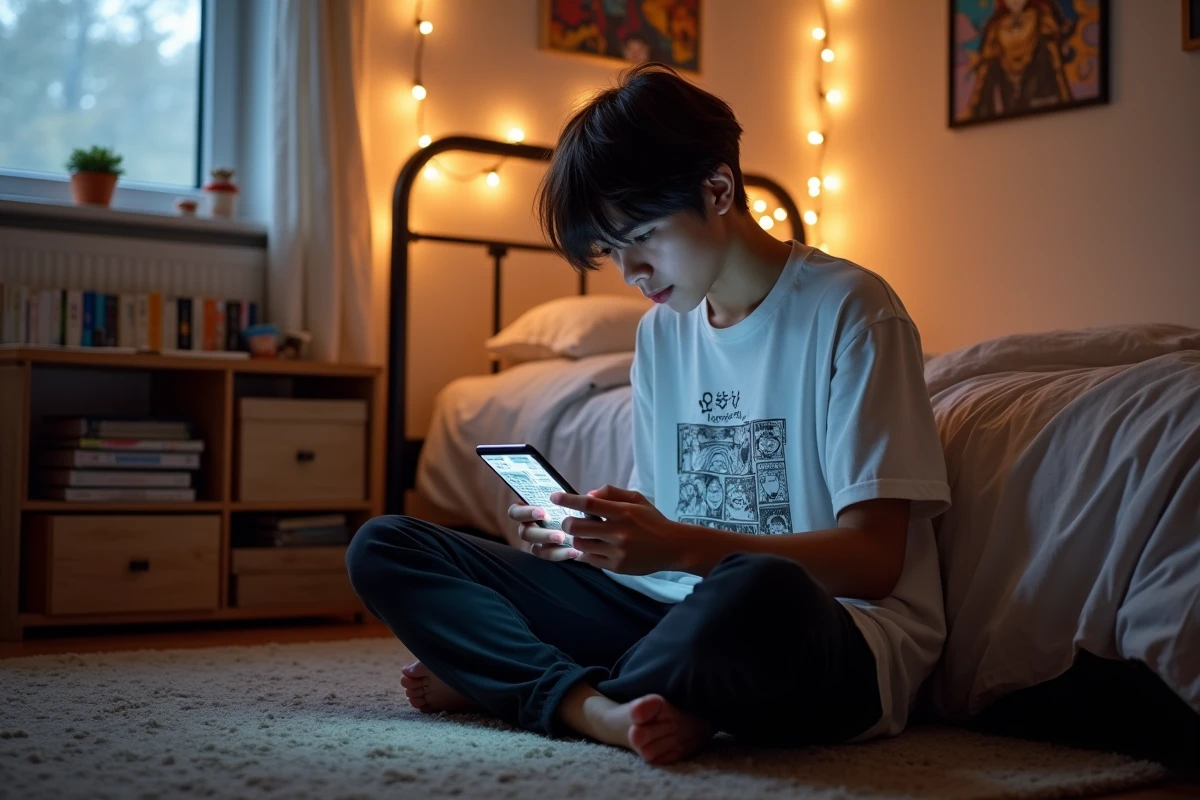 Adolescent lisant un manga sur smartphone assis sur le sol de sa chambre entourée de volumes manga et de posters d'anime
