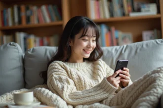 Jeune femme lisant un manga sur son smartphone allongée sur un canapé dans un salon cosy avec des étagères de mangas en arrière-plan