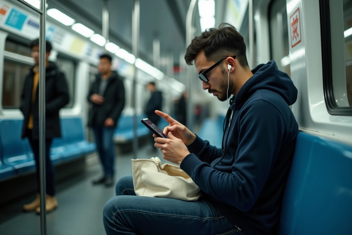 Homme lisant des mangas sur smartphone dans le métro, assis sur un banc de wagon avec des passagers en arrière-plan flou