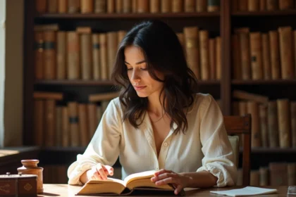 Femme lisant un recueil de poésie italienne ancienne dans une bibliothèque historique aux étagères remplies de manuscrits