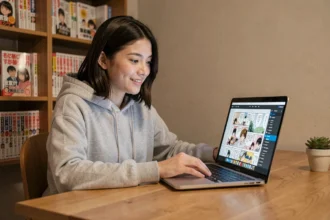 Jeune femme lisant un scan manga en ligne sur son ordinateur portable dans un bureau à domicile