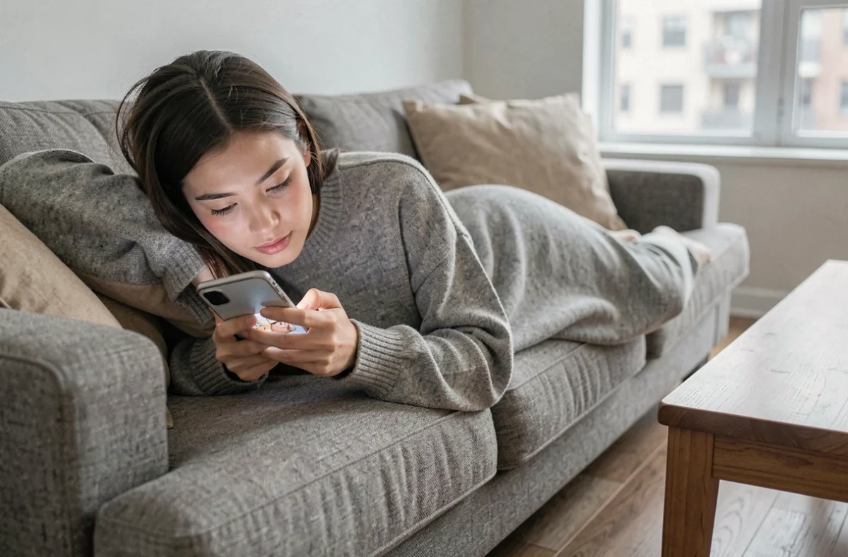 Jeune femme lisant un scan manga Solo Leveling VF sur smartphone allongée sur un canapé à la maison
