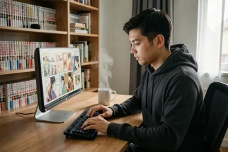 Jeune homme lisant le scan Solo Leveling VF sur un grand écran PC dans un bureau à domicile confortable