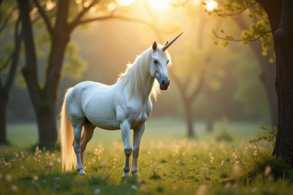 Une licorne blanche dans une forêt ensoleillée