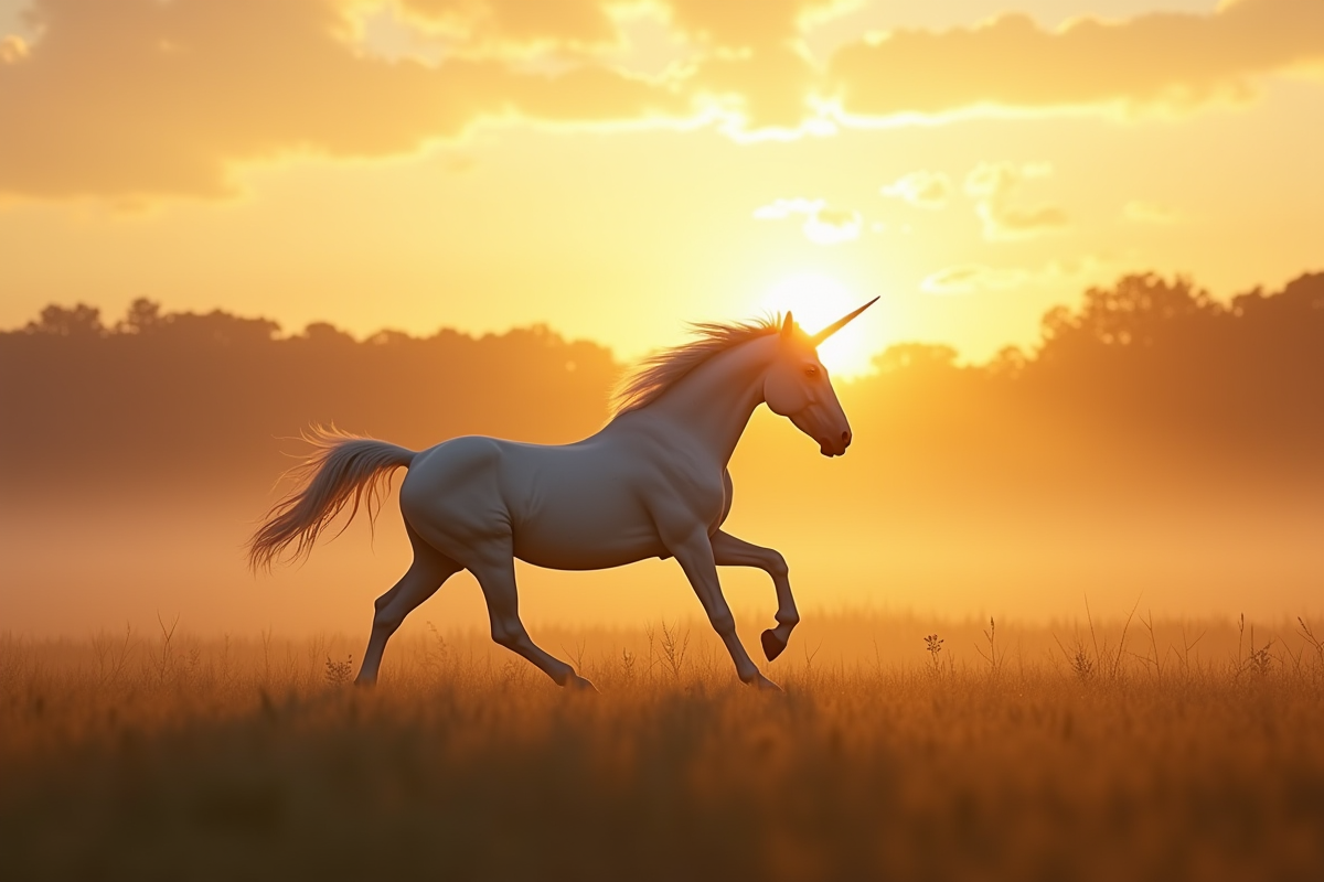 Une licorne courant dans une prairie brumeuse au coucher du soleil