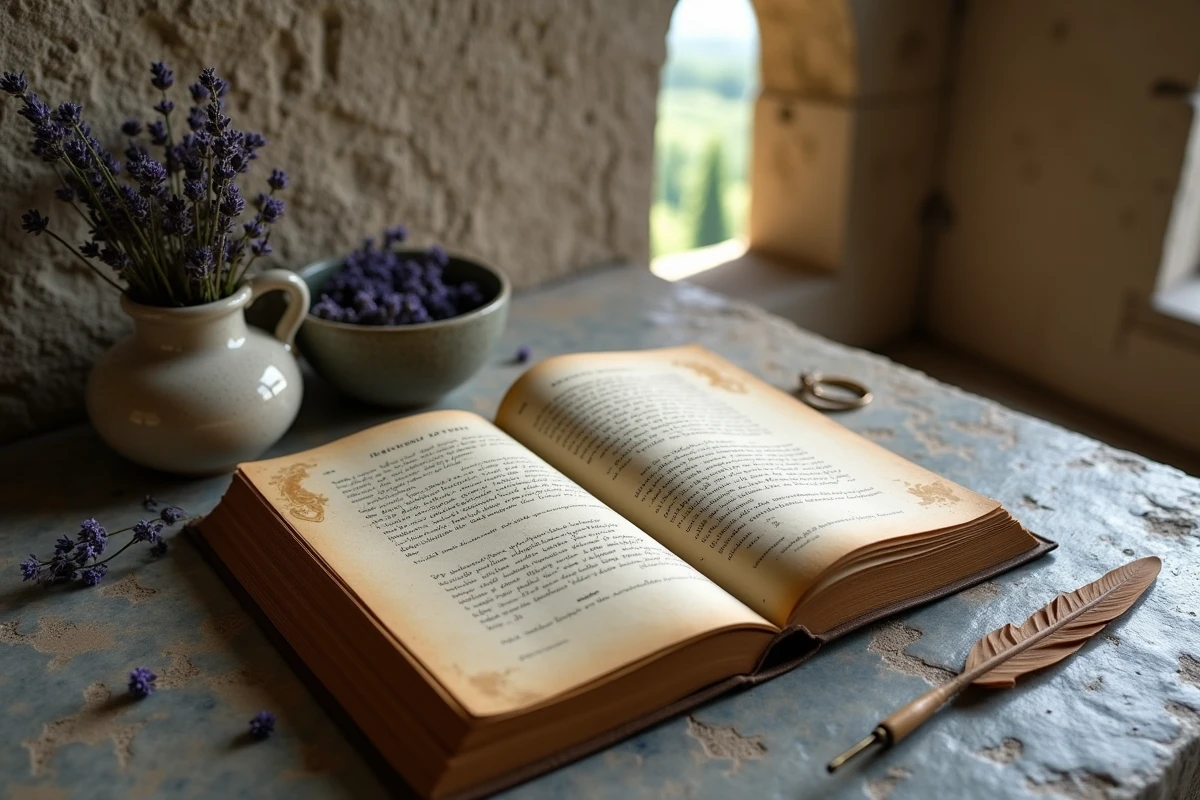 Livre de poésie italienne ancienne ouvert sur un marbre toscan avec des annotations manuscrites et de la lavande séchée