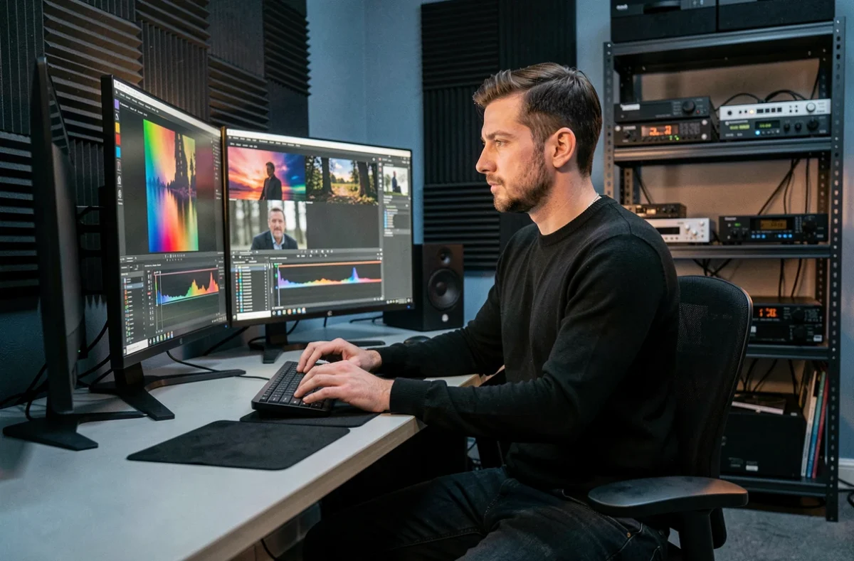 Créateur audiovisuel en train d'effectuer un étalonnage colorimétrique dans un studio de production moderne à Rennes