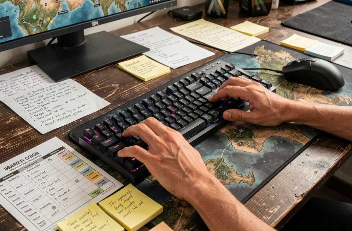 Mains de joueur sur clavier gaming avec des notes de stratégie pour optimiser les succès et l'XP dans un MMORPG